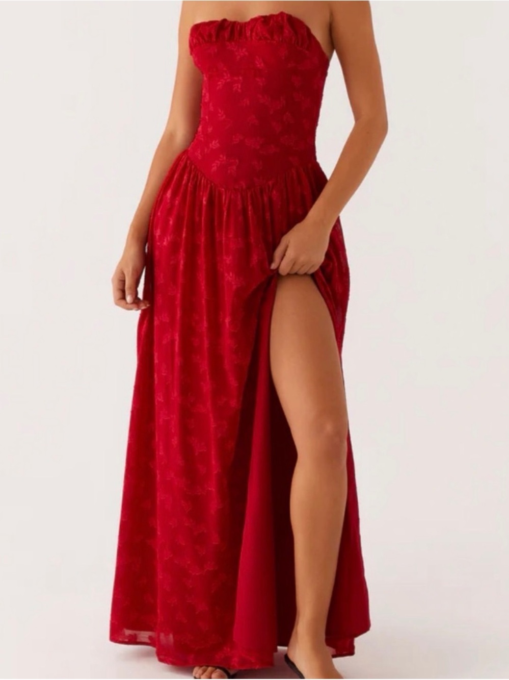 PepperMayo Red Strapless Floral Jacquard Maxi Dress Side Slit US 6 M - Picture 2 of 7